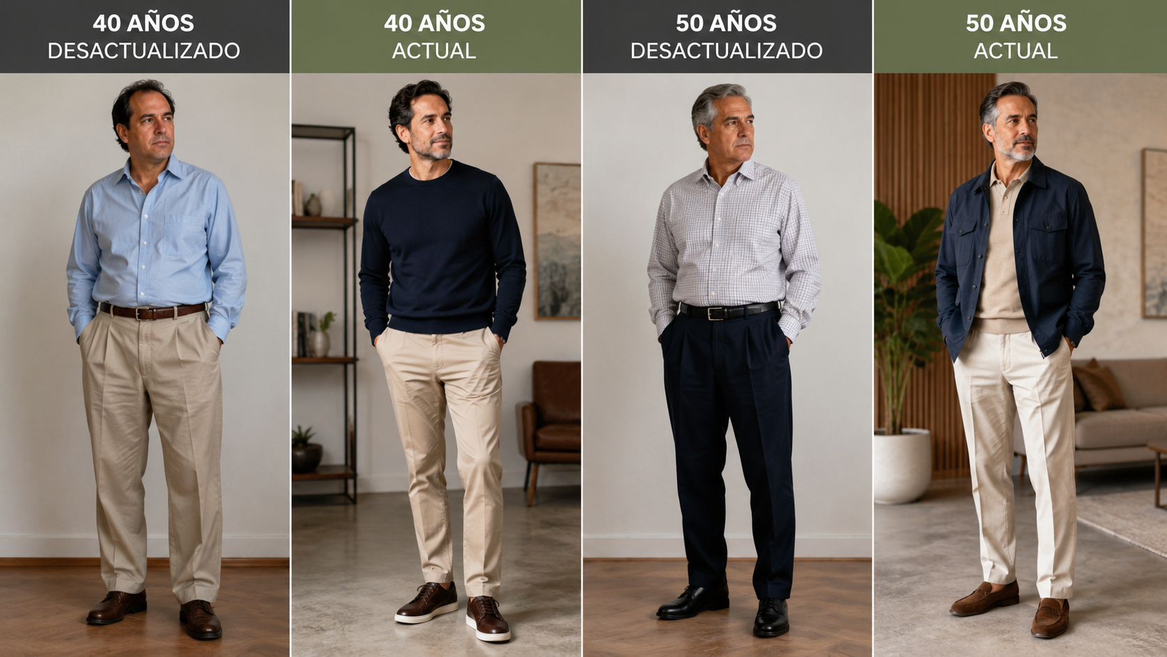 Comparación de estilos masculinos para hombres de 40 y 50 años. La imagen muestra cómo actualizar la forma de vestir manteniendo la edad y el estilo personal, a través de mejores proporciones, prendas más actuales y combinaciones sencillas.