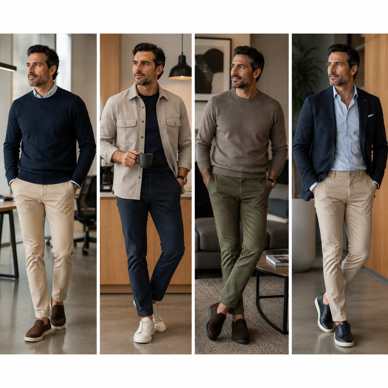Hombre profesional con look smart casual, suéter azul marino, chino beige y zapatillas de cuero.